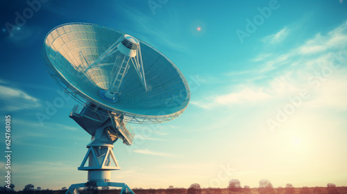 A satellite dish pointing towards the sky, signifying the role of technology in global communication and connectivity.Background