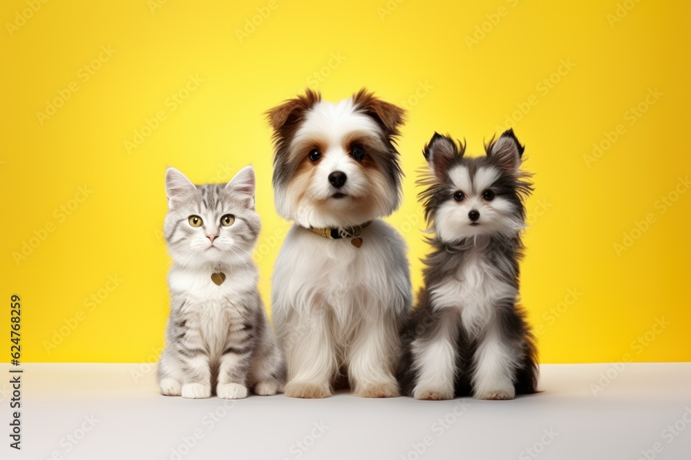 cats and dogs on a yellow plain background looking at the camera. pet shop advertising concept