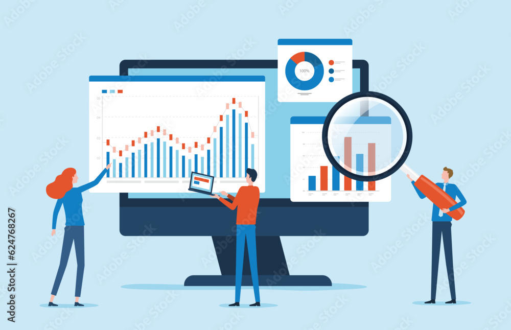 flat vector business people working for data analytics and monitoring on web report dashboard monitor and business finance investment design concept - obrazy, fototapety, plakaty 