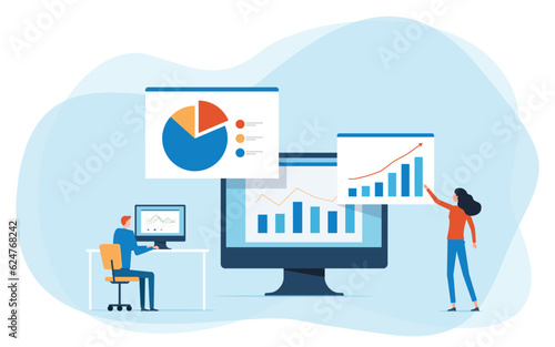 business team analytics and monitoring on web report dashboard monitor concept and flat vector illustration design data analytics research for business finance planning concept