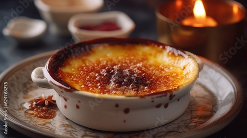 Crème Brûlée served in a rustic ceramic dish with a blowtorch used for caramelization in the background