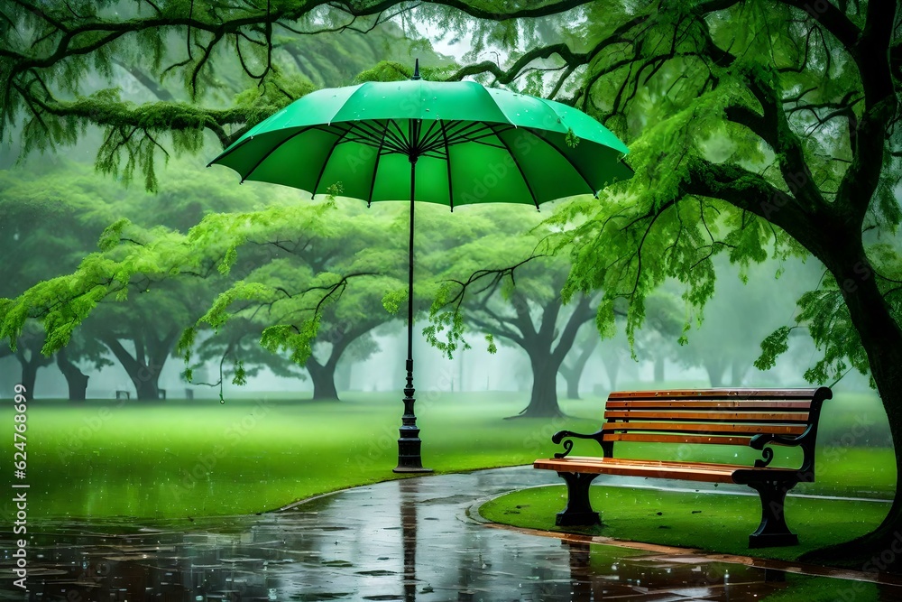 A vivid green umbrella rests on a park bench as gentle raindrops descend from the sky. AI generated