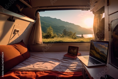 Travel lifestyle and work offline, The interior of a mobile home on wheels with a table and a view of the autumn landscape. Laptop computer and connection everywhere concept. Smart working alternati