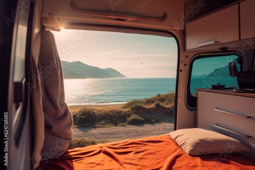Interior of camper van mobile home with table and ocean sea view. Laptop computer and connection everywhere concept. Smart working alternative office. Travel lifestyle and work offline