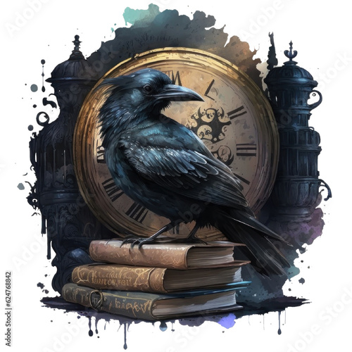 Black raven with books and old clocks, Dark Academia watercolor illustration isolated with a transparent background, fantasy bookworm design created with Generative AI.