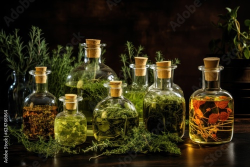 alternative medicine herbs natural in transparent bottles