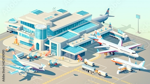Busy Airport Terminal with Araflanes and Airplanes: A Generative AI Image