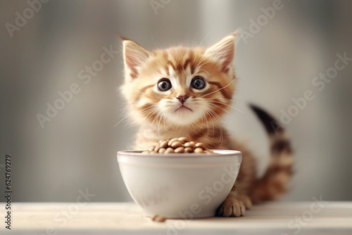 Kitten near a bowl of food, nutrition concept, generative AI