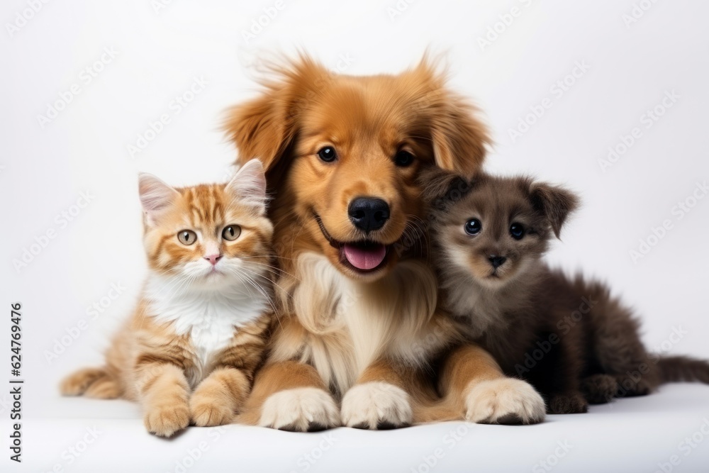 cute two cats and one dog on a plain white background