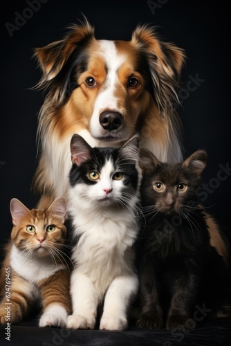 vertical cute cats and dogs on a plain dark black background © Aksana