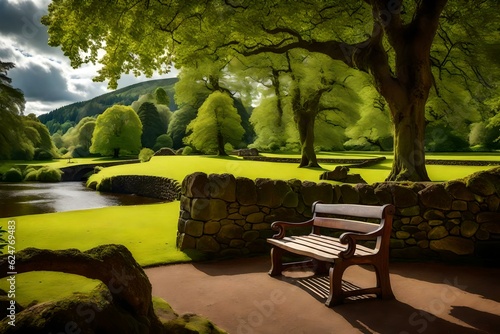 A rustic bench rests gracefully amidst the vibrant greenery of a park in Dunkeld, Perth and Kinross, Scotland, overlooking a peaceful river. Ai generated photo