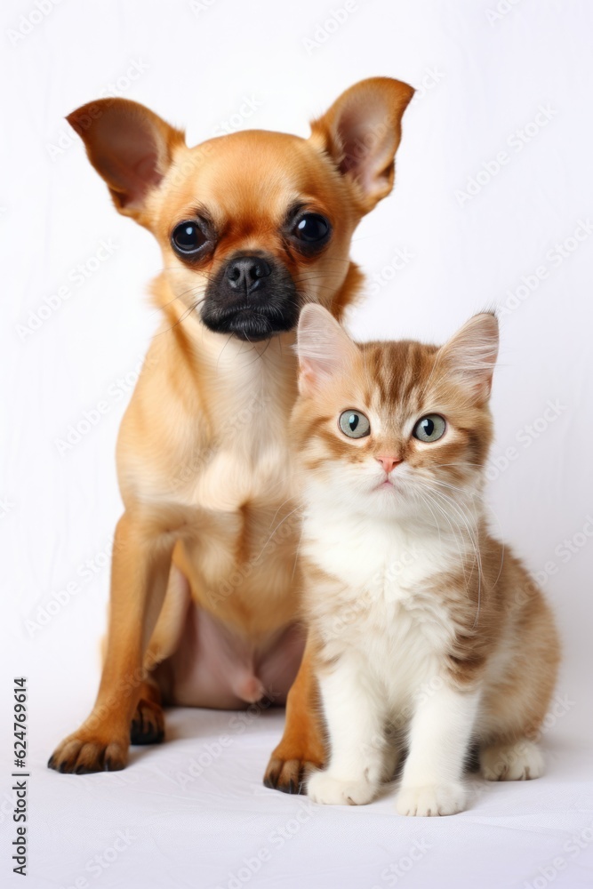 one cat and one dog vertically photo on a white plain background 