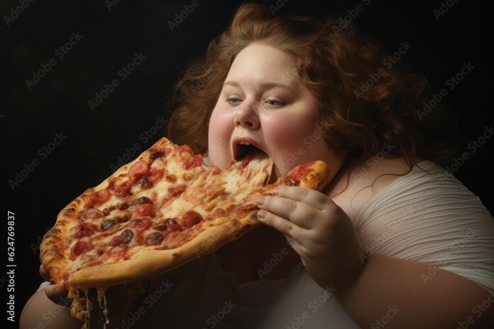 fat woman eating pizza fast food sweet salad on dark background fat woman eating pizza fast food sweet salad on dark background