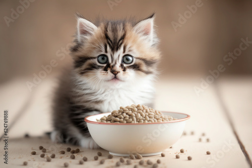 Kitten near a bowl of food, nutrition concept, generative AI © aamulya
