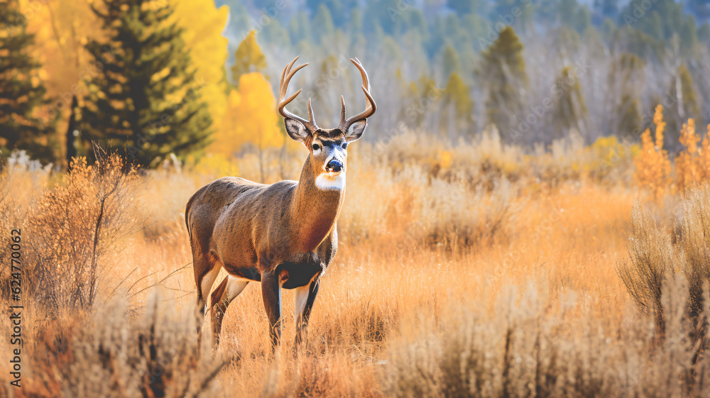 Fototapeta premium Graceful Deer in Serene Grassland with Majestic Trees - Enhanced by Generative AI