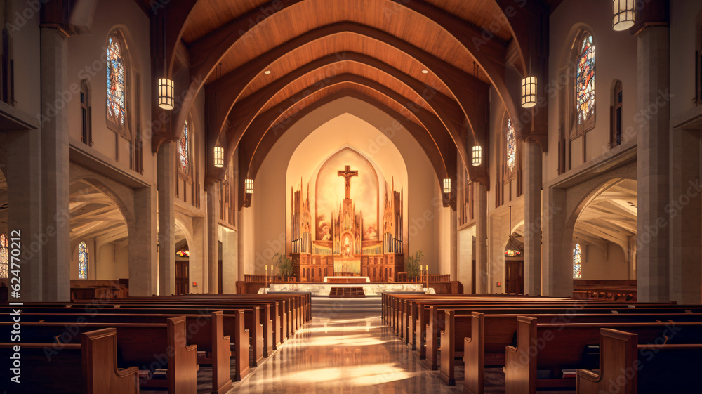 Fototapeta premium Serene Church Interior with Pews and Stained Glass Windows - Enhanced by Generative AI