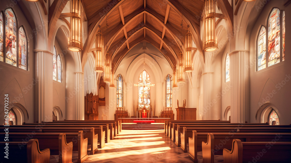 Serene Church Interior with Pews and Stained Glass Windows - Enhanced by Generative AI