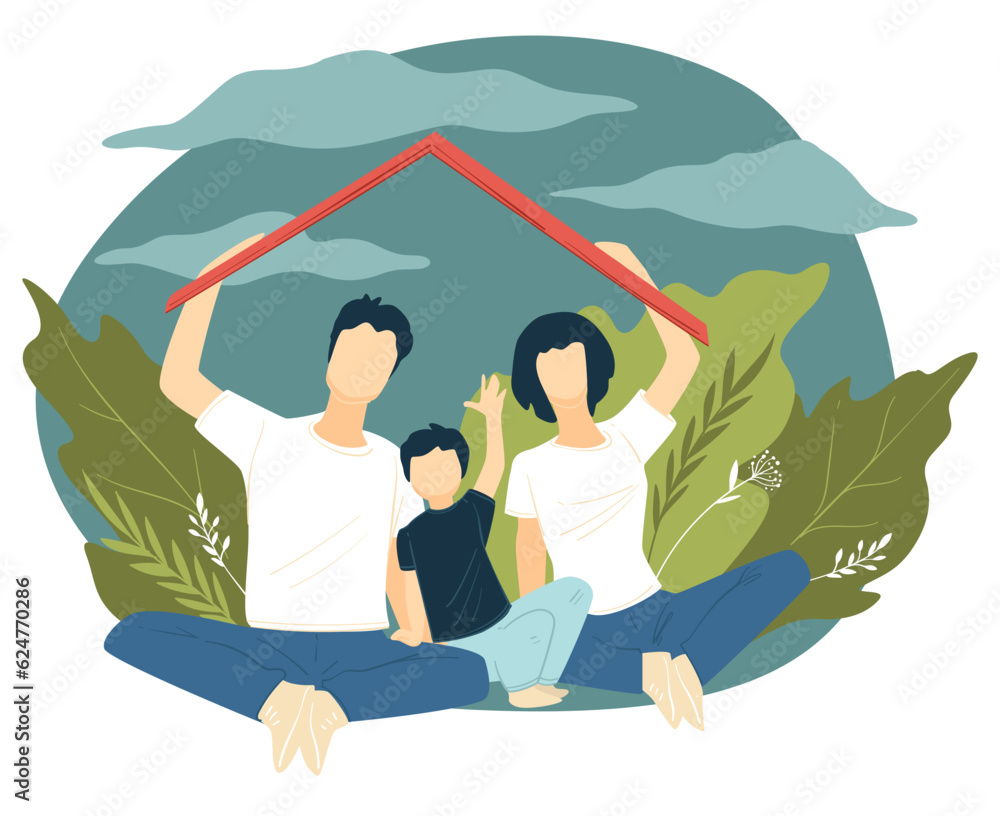Father and mother with son holding roof, home concept