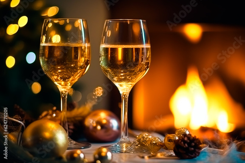 Sparkling wine, proseco or champagne in front of a fireplace on a holiday eve celebration, Merry Christmas, Happy New Year and Happy Holidays