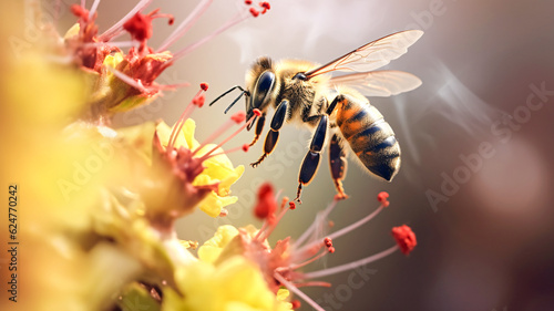 Vibrant Yellow Flower with Red Pollen: Arafed Bee in Flight (Generative AI) © Bipul Kumar