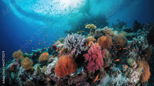 Coral reef with fish in ocan underwater as aquatic illustration photo