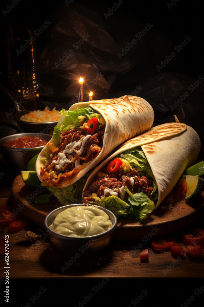 Two delicious shawarma rolls placed on rustic wooden board, with dark background. Rolls filled with tantalizing combination of ingredients, tender chicken, flavorful beef or lamb, aromatic spices