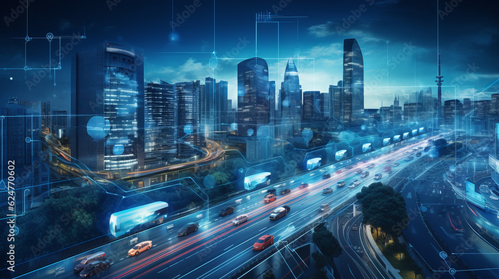 A smart city with sensors and cameras monitoring traffic and environmental conditions, showcasing the potential of technology in urban planning.Self-Driving car Background