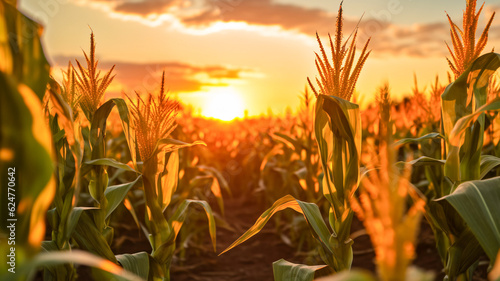 Golden Sunset Over A Vast Corn Field - Generative AI