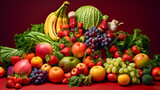 Abundance of Fruits and Vegetables on a Vibrant Red Surface: A Generative AI Masterpiece