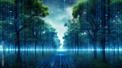 A serene data farm with rows of planted trees forming a binary code pattern  portraying the harmony between technology and nature.Farm Technology background