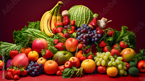 Abundance of Fruits and Vegetables on a Vibrant Red Surface  A Generative AI Masterpiece