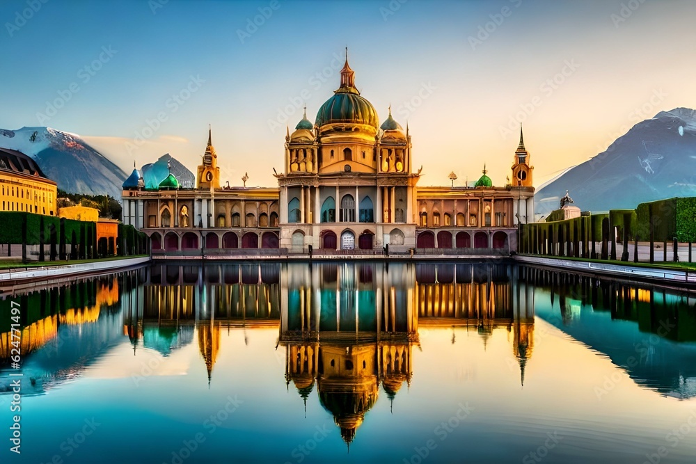 Fototapeta premium royal mansion /castle ,dream castle of every devoted man, reflection of the castle in large pool 