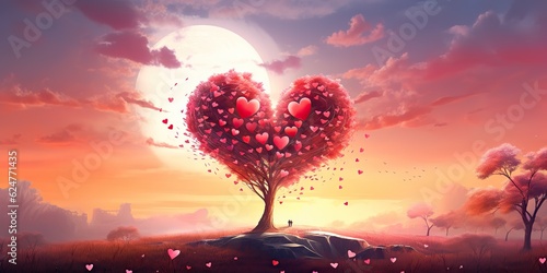 AI Generated. AI Generative. Lovely romantic love couple together with heart shape background landscape vacation. Wedding relationship vibe. Graphic Art