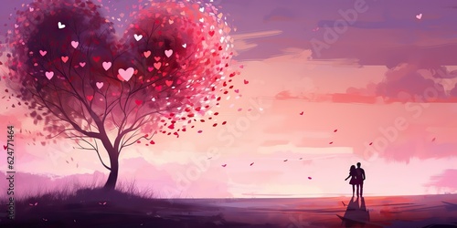 AI Generated. AI Generative. Lovely romantic love couple together with heart shape background landscape vacation. Wedding relationship vibe. Graphic Art