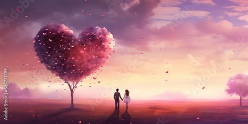 AI Generated. AI Generative. Lovely romantic love couple together with heart shape background landscape vacation. Wedding relationship vibe style