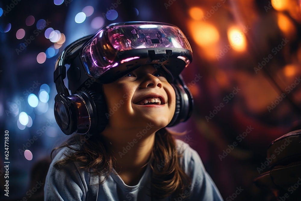 A Girl wearing VR headset user, surreal world and virtual reality, colorful flowers fields. Generative AI A Girl wearing VR headset user, surreal world and virtual reality, colorful flowers fields. Generative AI