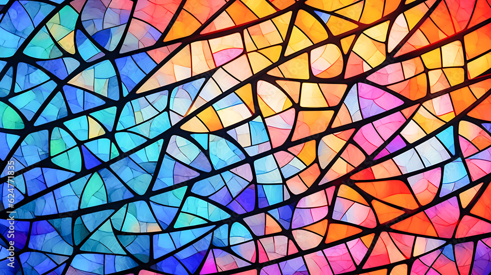 Vibrant Stained Glass Window with Tree Branch - Enhanced by Generative AI - obrazy, fototapety, plakaty 