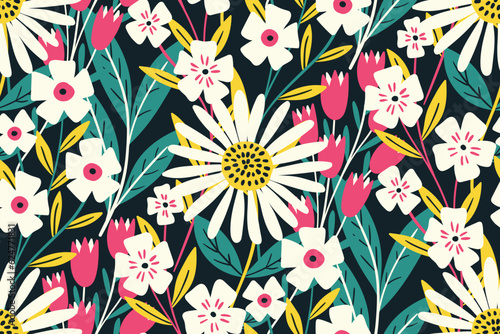 Seamless floral pattern, colorful ditsy print in retro style. Cute botanical design with a wild garden: large hand drawn daisies, small flowers, twigs, leaves on black background. Vector illustration.
