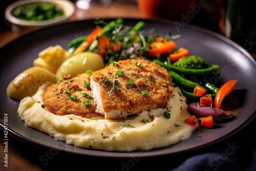 Escalope de Dinde served with mashed potatoes and steamed vegetables