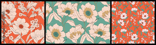 Seamless floral pattern, vintage print with drawing of wild flowers in a set. Simple botanical design with large hand drawn flowers, leaves, branches in a limited color palette. Vector illustration.