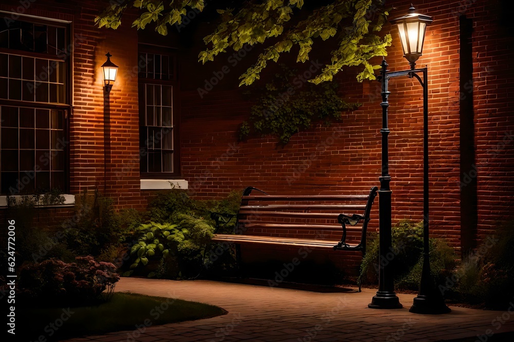 A captivating brick wall, gently illuminated by an antique street light, sets the stage for a charming scene. AI generated A captivating brick wall, gently illuminated by an antique street light, sets the stage for a charming scene. AI generated