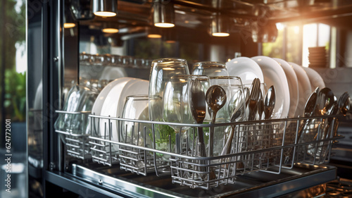 Spotless Kitchen: Dishes and Spoons in Dishwasher Enhanced with Generative AI photo