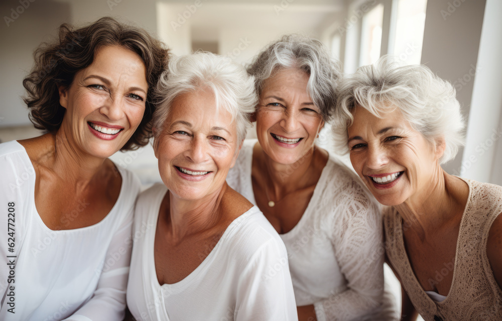 Four joyful senior women together posing for the camera in white clothing. Generative AI Four joyful senior women together posing for the camera in white clothing. Generative AI