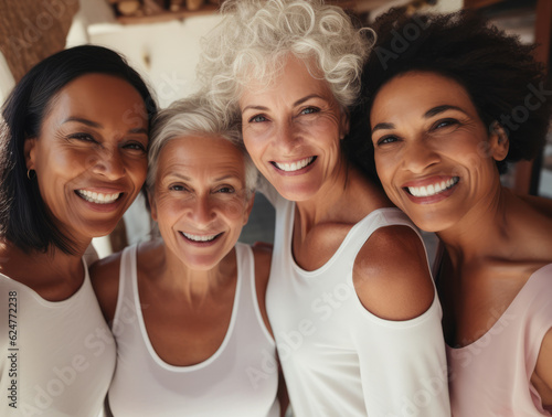 Four joyful senior women together posing for the camera in white clothing. Generative AI