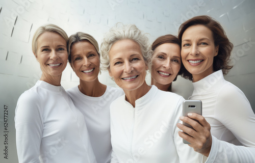 Four joyful senior women together posing for the camera in white clothing. Generative AI