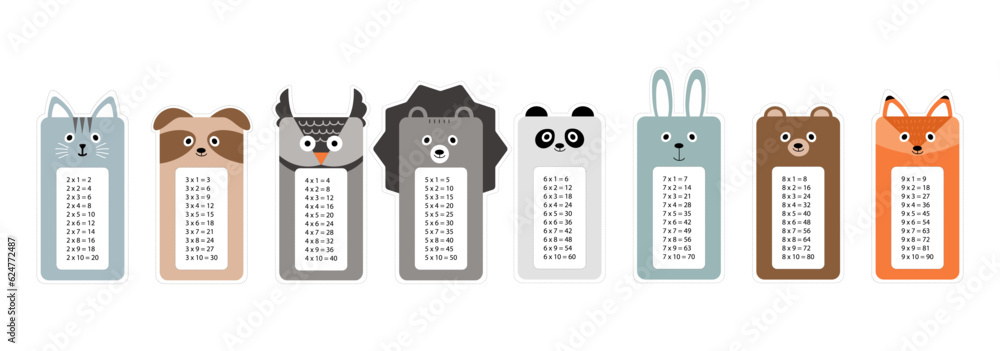 Vector multiplication table. Bookmarks or stickers with cute animals ...