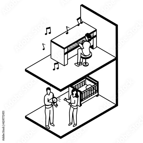 Baby Cant Sleep Loud Piano Vector Icon Design, neighbourhood conflicts Stock illustration, bad neighbors Symbol, Noisy pianist neighbor isometric Concept