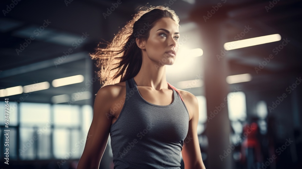 Woman exercising in gym wearing sport. AI generative.