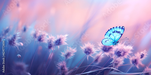 Purple blossoming Lavender and flying butterfly in nature.