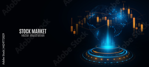 Holographic world stock market investment trading graph with futuristic HUD circle. Modern business presentation. Chart of investment financial data with Earth globe. Vector.